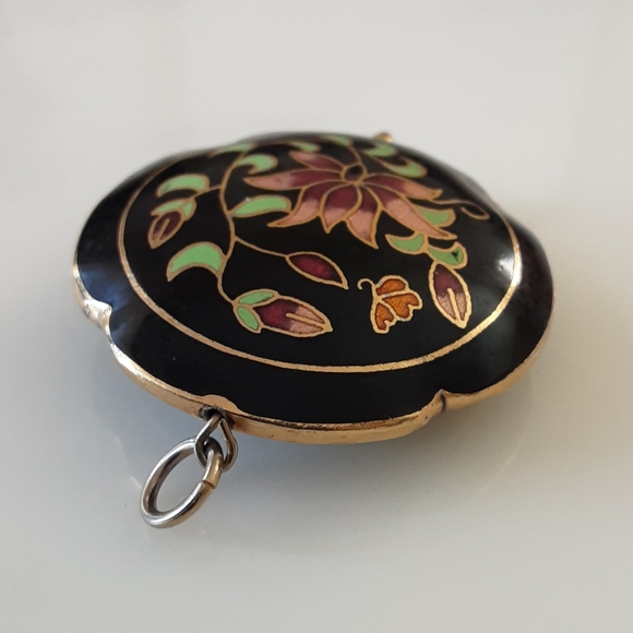 VTG CLOISONNE ENAMEL GOLD FILLED FLORAL PENDANT 1.5" - Picture 3 of 3